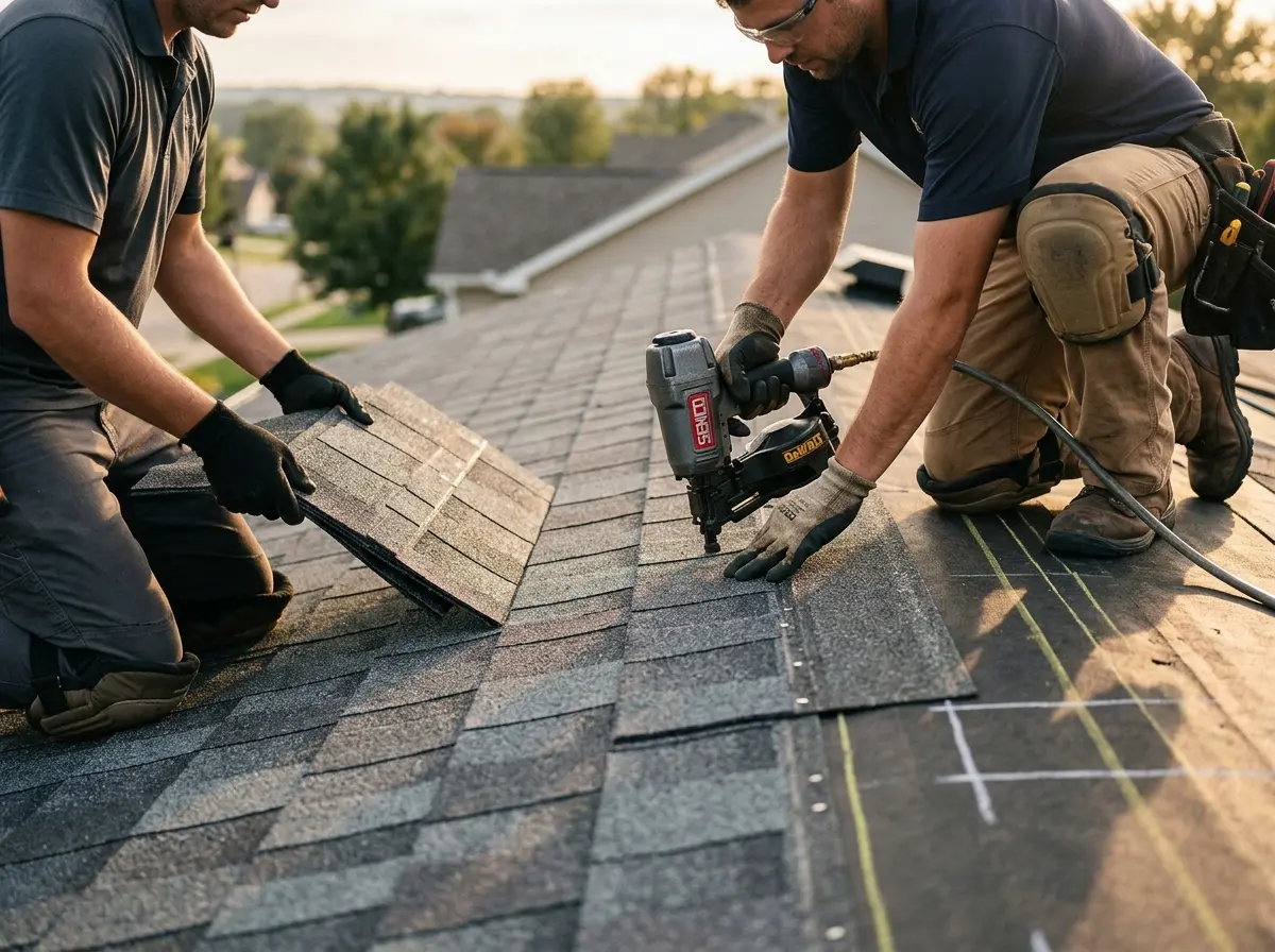 Professional roofer working on a residential roof in McSwain